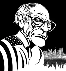 Arthur Miller, dramaturge américain (1915-2005) ; caricature en noir et blanc, drapé dans le drapeau américain
